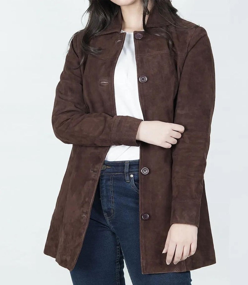 Women’s Classic Brown Suede Leather Long Coat